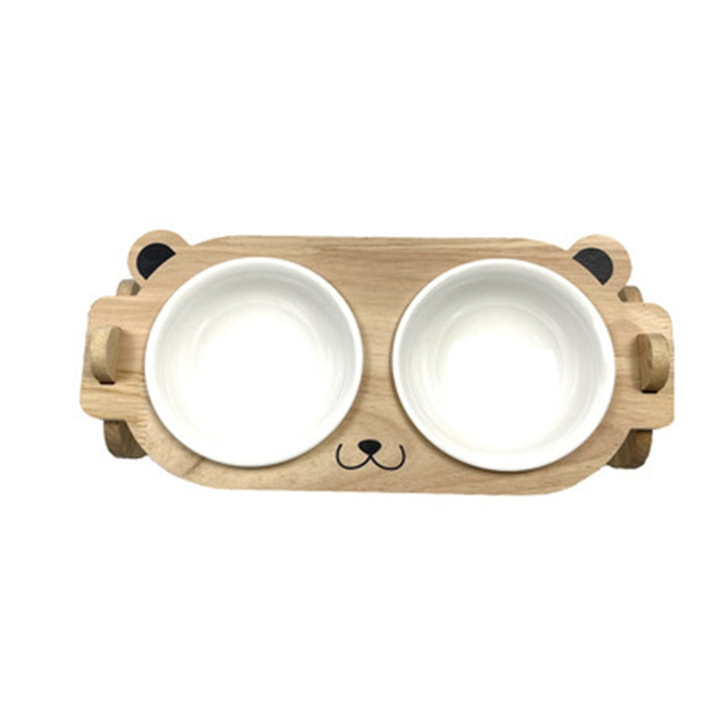 Wooden Stand Plastic Double Pet Bowl