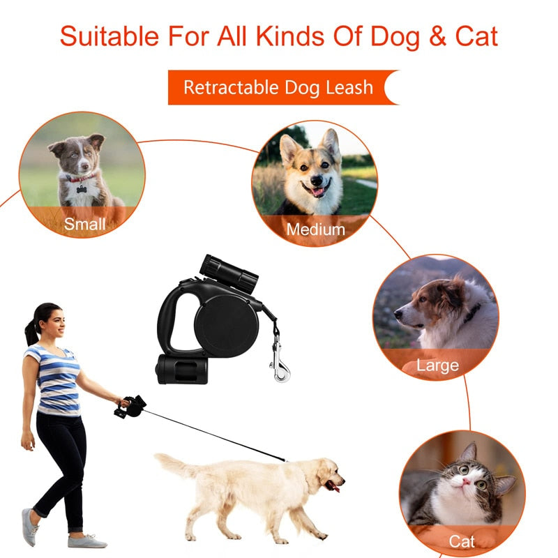 Retractable Dog Leash With Poop Bags Holder