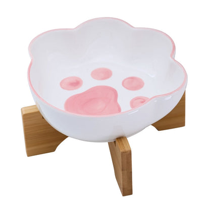 Paw Shape Pet Ceramic Bowl With Bamboo Stand