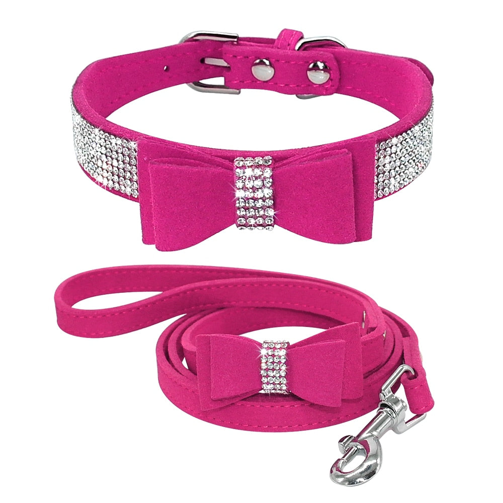 Bling Bowknot Suede Leather Dog Collar